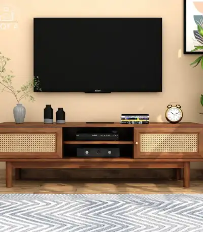 Caneva Solid Wood TV Unit in Teak Finish featuring a premium mango wood body and stable floor-rested frame.