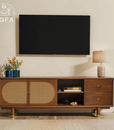 Glide Premium Solid Wood TV Unit in Teak Finish showcasing its modern European minimalist design and solid mango wood construction.
