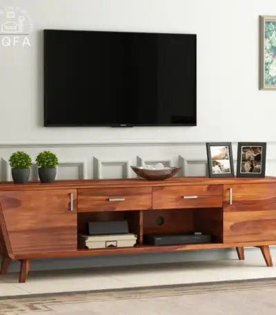 Melvina Sheesham Wood Tv Unit in Honey Finish featuring premium solid wood grain and a sturdy floor-rested design.
