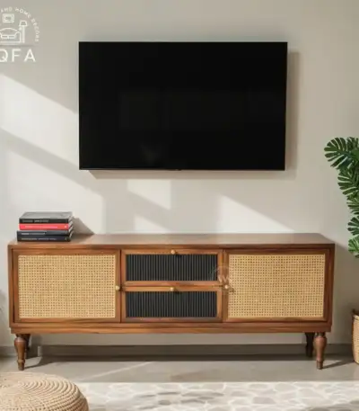 Murphy Premium Solid Wood TV Unit in Teak Finish featuring solid Sheesham wood and elegant spindle legs.