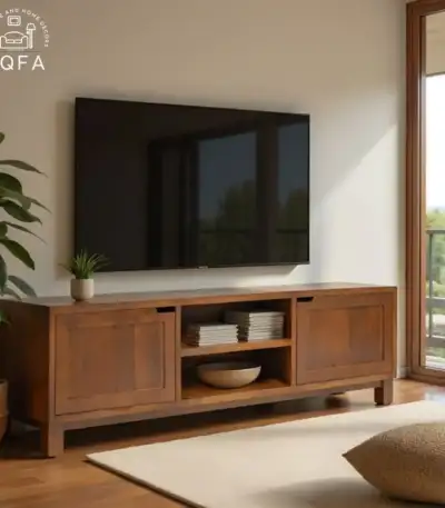 Vertex Mango Wood TV Unit in Teak Finish featuring a robust solid wood body and modern minimalist design.