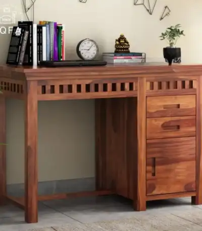Adolph Study Table with Pull Out Drawers in Honey Finish crafted from solid Sheesham wood for a modern home office.