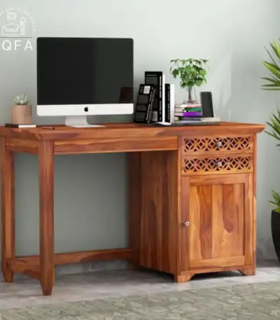 Cambrey Study Table with Two Drawers in Honey Finish crafted from solid Sheesham wood for a modern workspace.