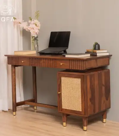 Kalam Modern Designer Sheesham Wood Study Table in Teak Finish featuring hand-woven cane accents and a solid wood frame. Kalam Modern Sheesham Wood Study Table