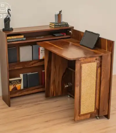 Vitara Convertible Study Table handcrafted from premium Sheesham wood in a rich teak finish with brass accents.