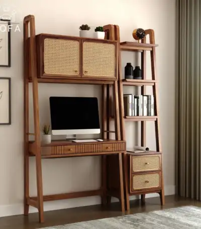 Vyas Sheesham Wood Study Table in Teak Finish featuring an ornate cane accent and space-saving ladder design.