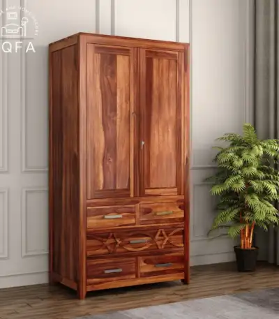 Allan Sheesham Wood 2 Door Wardrobe in Honey Finish featuring a premium solid wood grain and 72-inch tall structure.