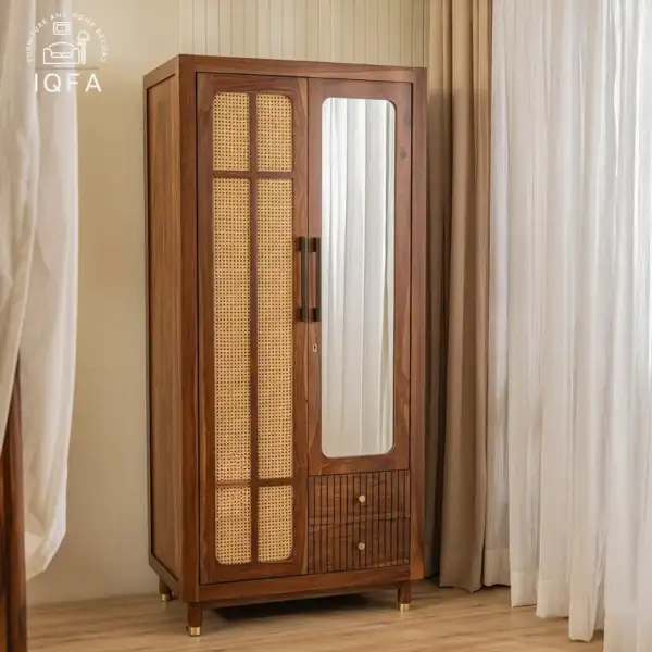 Rida Sheesham Wood Wardrobe in Teak Finish featuring artisanal cane-accented doors and an integrated full-length mirror.