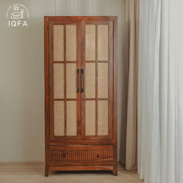 Saanvi Sheesham Wood Wardrobe in Teak Finish featuring premium solid wood construction and artisanal cane accented doors