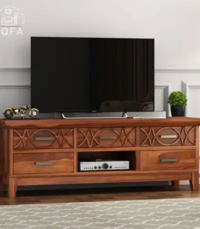Allan Sheesham Wood TV Unit in Honey Finish featuring a solid wood body and spacious top surface for 55 inch TVs.