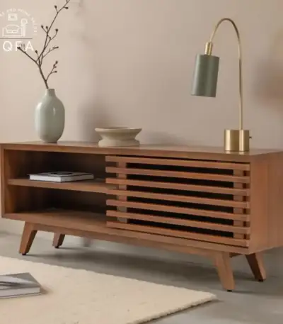 Axcel Mango Wood TV Unit in Teak Finish featuring a mid-century modern design and sturdy tapered legs.