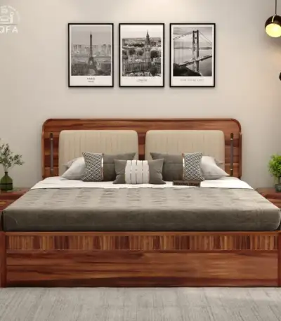 Lotus Premium Sheesham Wood Bed in Honey Finish with a modern minimalist design