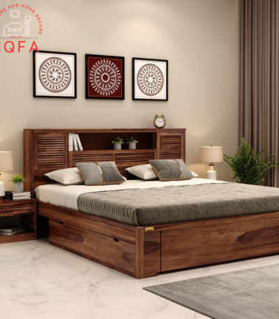 Ferguson Sheesham Wood Bed styled in a modern bedroom with storage drawers