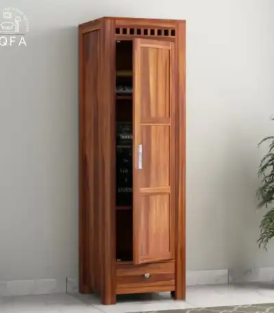 Adolph 1 Door Multi-Utility Wardrobe in Honey Finish crafted from solid Sheesham wood with a 72-inch tall slim design.