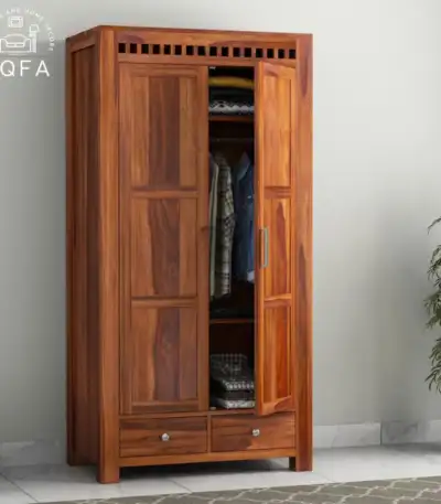 Adolph 2 Door Multi Utility Wardrobe in Honey Finish crafted from solid Sheesham wood with a 72-inch high vertical design.