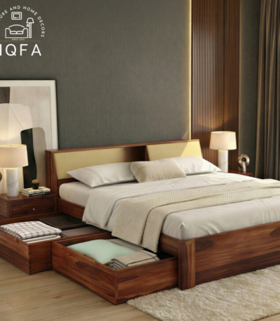 Adolph Sheesham Wood Queen Size Bed with open side storage drawers in Walnut Finish
