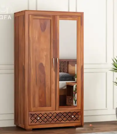 Cambrey 2 Door Wooden Wardrobe in Honey Finish crafted from solid Sheesham wood with integrated full-length mirror.