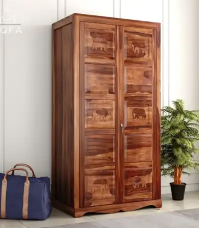 Emboss 2 Door Multi Utility Wooden Wardrobe in Honey Finish crafted from solid Sheesham wood with a 72-inch high storage frame.