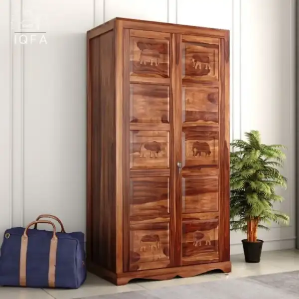 Emboss 2 Door Multi Utility Wooden Wardrobe in Honey Finish crafted from solid Sheesham wood with a 72-inch high storage frame.