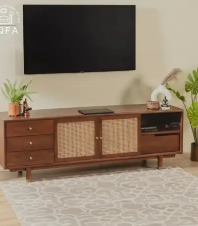 Estelle Mango Wood and Cane TV Unit in Teak Finish featuring natural cane textures and premium solid wood construction.