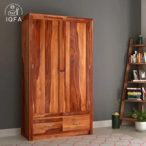 Holden 2 Door Multi Utility Wardrobe in Honey Finish crafted from solid Sheesham wood with a 72-inch high storage frame.