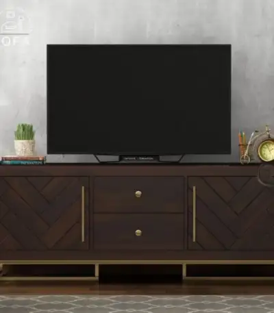 Jett Compact Tv Unit with Drawers & Cabinets in Walnut Finish featuring solid Sheesham wood construction and a floor-rested design.
