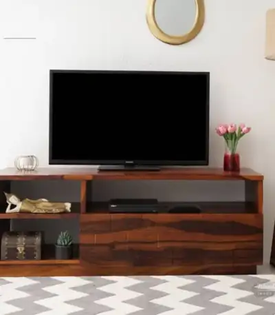 Natalia Sheesham Wood Tv Unit in Honey Finish featuring premium solid wood construction and a stable floor-rested base.