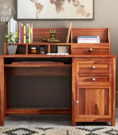 Nettle Study Table Cum Shelf in Honey Finish featuring solid Sheesham wood construction and integrated vertical shelving.