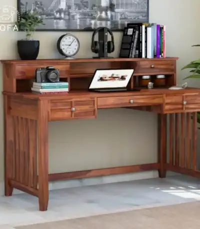 Wallace Computer Table With Drawers in Honey Finish crafted from solid Sheesham wood for a premium home office setup.