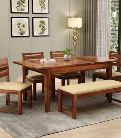 Advin 6 Seater Extendable With Bench Dining Set in Honey Finish by IQFA Furniture