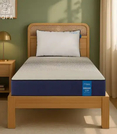Dream Lux memory foam mattress 6 inch king size 78x72 with premium white and green knitted fabric cover.