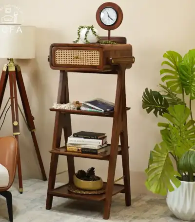 Morgen Sheesham Wood Bookshelf and Morgen Premium Sheesham Wood Bookshelf in Walnut Finish featuring cane accents and three-tier storage