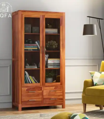 Portus Sheesham Wood Bookshelf with two glass doors and four drawers in Honey Finish by IQFA Furniture