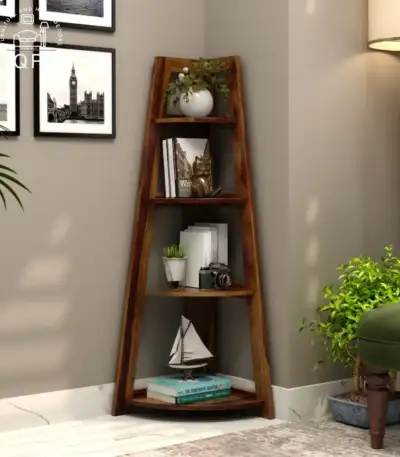 Severino solid wood foldable bookshelf in walnut finish styled with books and decor in a living room corner.