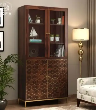 Suzette Sheesham wood bookshelf in walnut finish with glass doors and 10 shelves for home storage.
