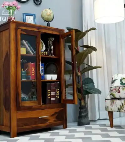 Heimo Sheesham Wood Bookshelf with Glass Doors in Honey Finish by IQFA Furniture
